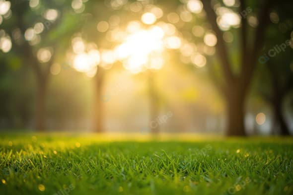 Sunlit Park with Glowing Green Grass and Trees