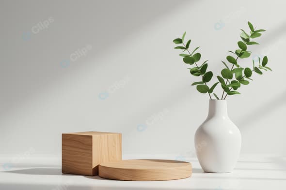 Minimalist Vase with Eucalyptus and Wooden Shapes in Sunlight