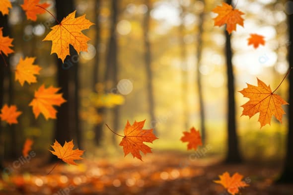Autumn Maple Leaves Falling in Forest