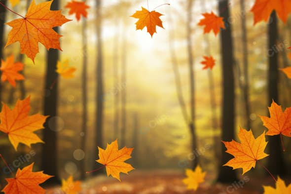Autumn Leaves Falling in Sunny Forest