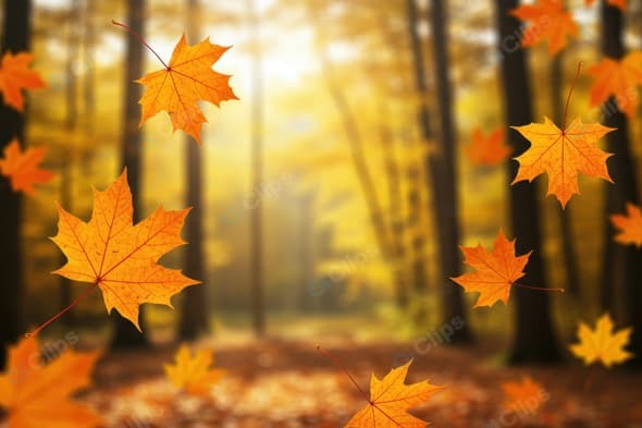 Autumn Leaves Falling in Forest with Sunlight
