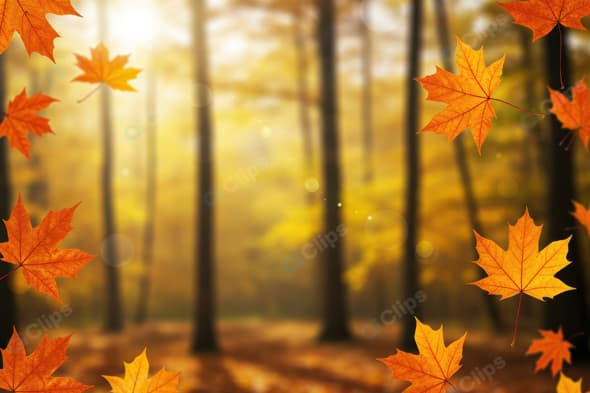 Autumn Forest with Falling Maple Leaves