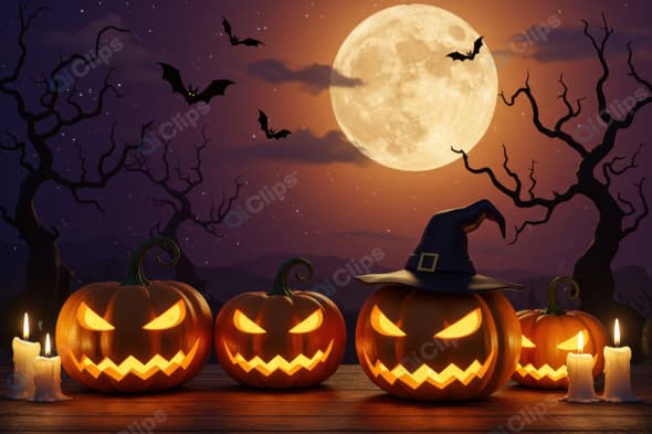 Halloween Night with Glowing Jack-o'-Lanterns and Full Moon