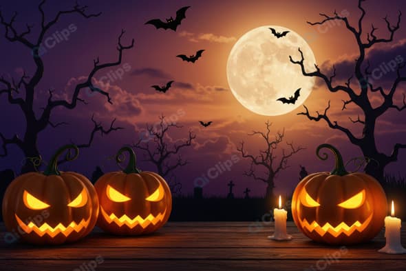 Halloween Night with Jack-o'-Lanterns and Bats