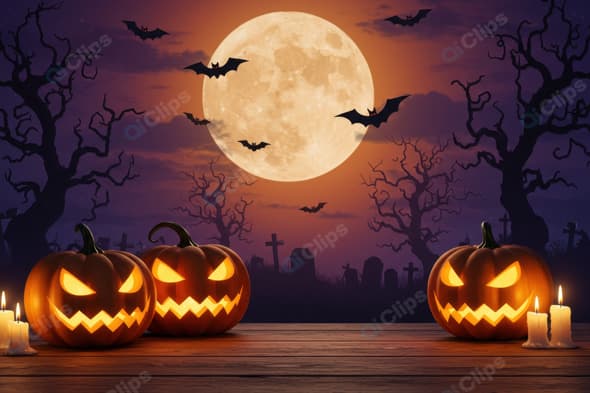Halloween Night with Jack-o'-Lanterns and Full Moon
