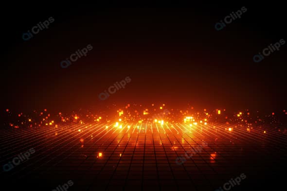 Glowing Digital Grid with Orange Light Particles