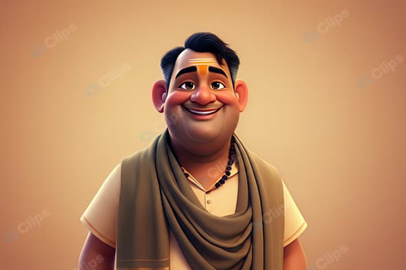 Friendly Cartoon Character with Traditional Scarf and Necklace