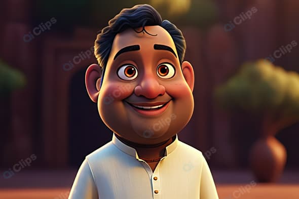 Smiling Cartoon Character in Traditional Outfit