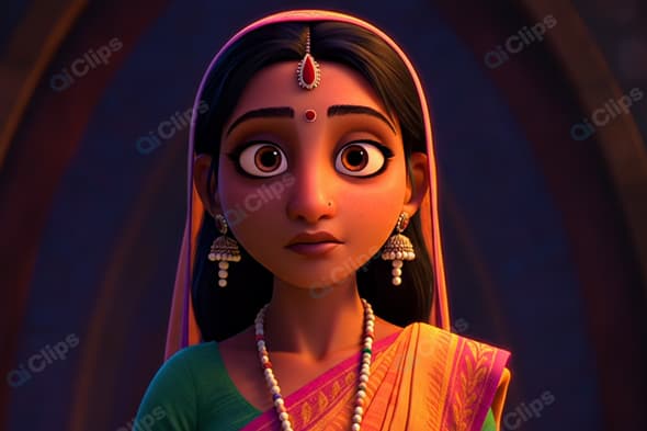 Traditional Animated Character with Jewelry and Sari
