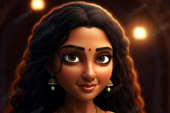 Animated Woman with Traditional Jewelry and Bindi in Warm Lighting