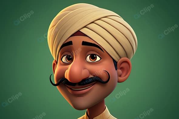 Turbaned Cartoon Character with Mustache and Smile on Green Background