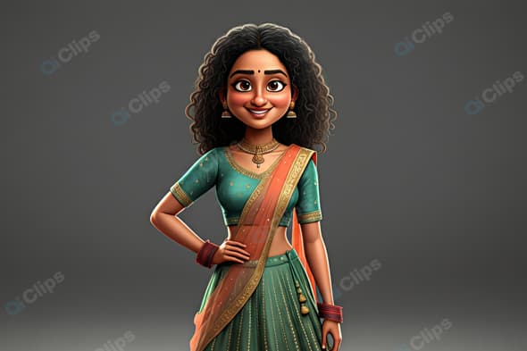 Traditional Indian Animation Character in Elegant Attire