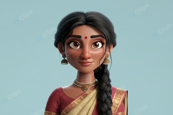 Traditional Animated Woman in Indian Saree with Jewelry