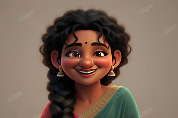 Animated Traditional Woman Smiling in Sari and Earrings