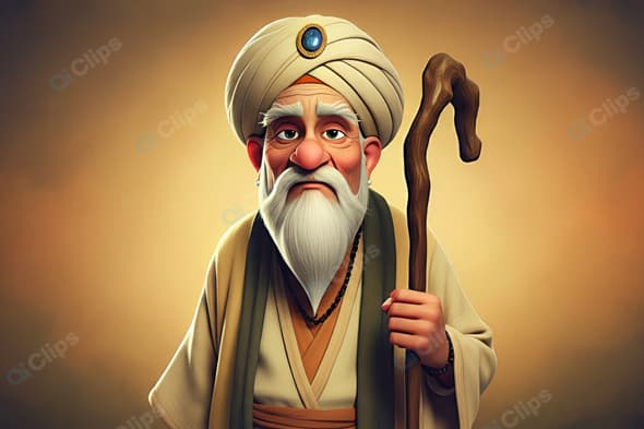 Wise Elderly Man with Turban and Staff Portrait