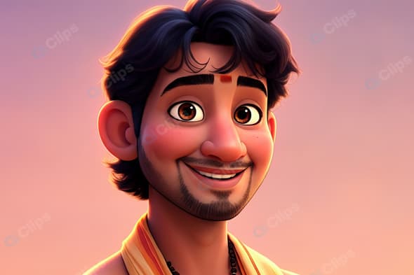 Smiling Animated Character with Sunset Background