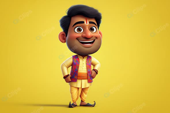 Cartoon Character in Traditional Indian Attire on Yellow Background