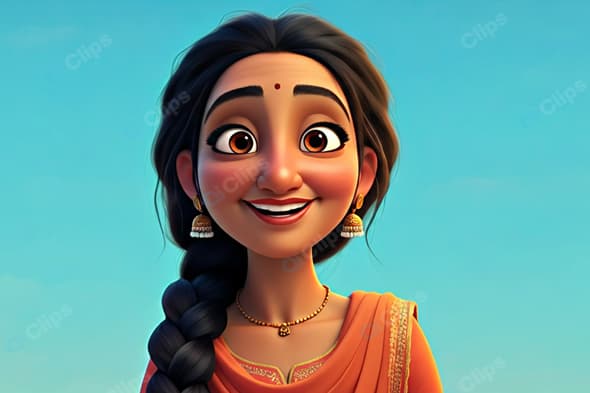 Animated Woman with Braided Hair and Indian Attire Smiling