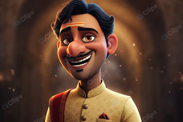 Smiling Animated Man in Traditional Outfit