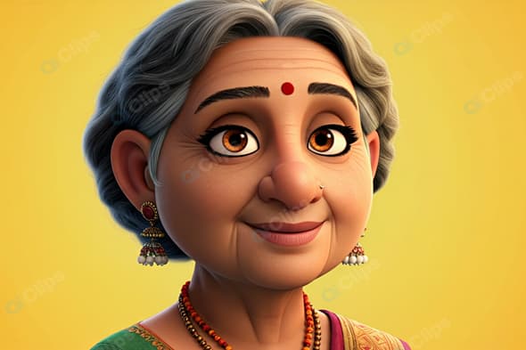 Elderly Indian Woman Animated Portrait with Jewelry