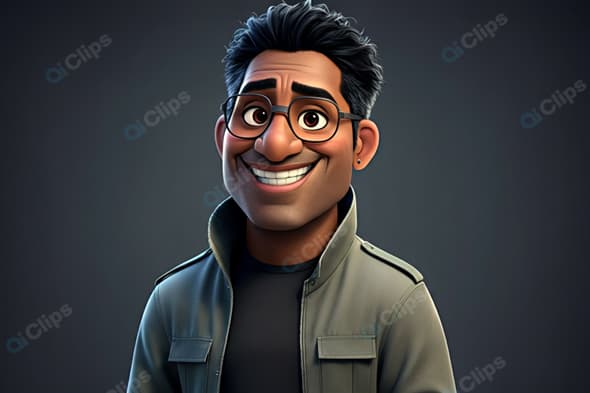 Animated Character with Glasses and Big Smile in Stylish Jacket