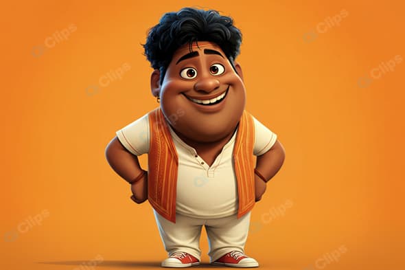 Smiling Cartoon Character in Colorful Outfit on Orange Background