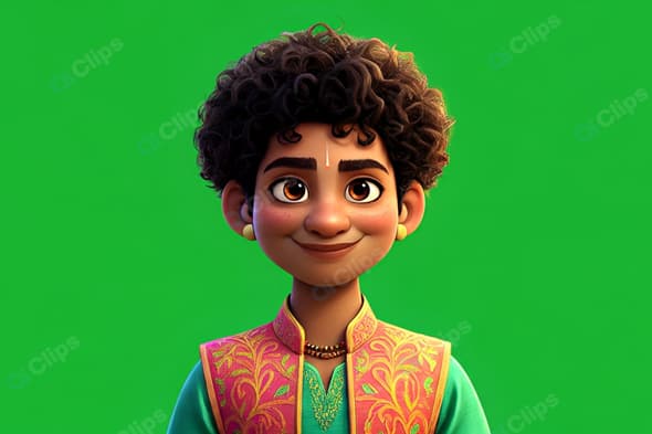 Animated Character with Traditional Attire on Green Background
