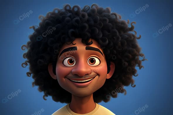 Animated Character with Curly Hair on Blue Background