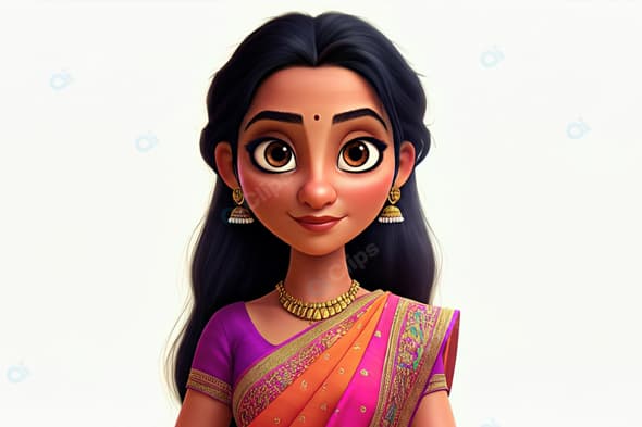 Traditional Animated Woman in Vibrant Saree