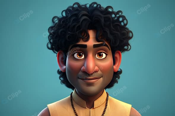 Curly-Haired Animated Character with Beaded Necklace