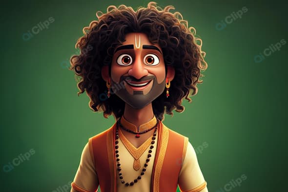 Traditional Animated Character with Curly Hair and Jewelry