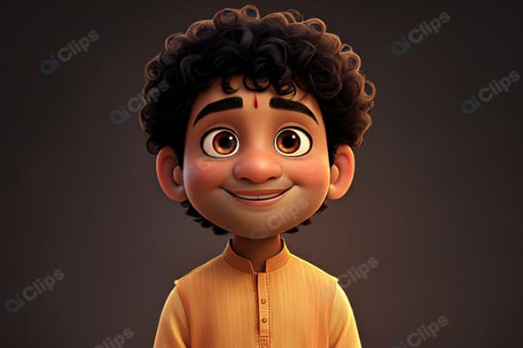 Happy Animated Boy with Curly Hair in Traditional Outfit