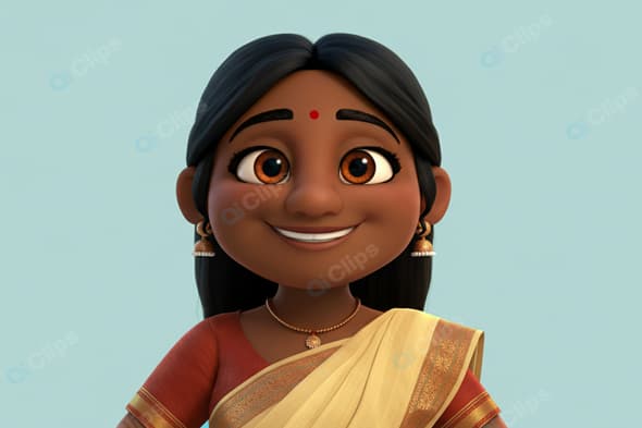Animated Character in Traditional Saree with Earrings and Bindi