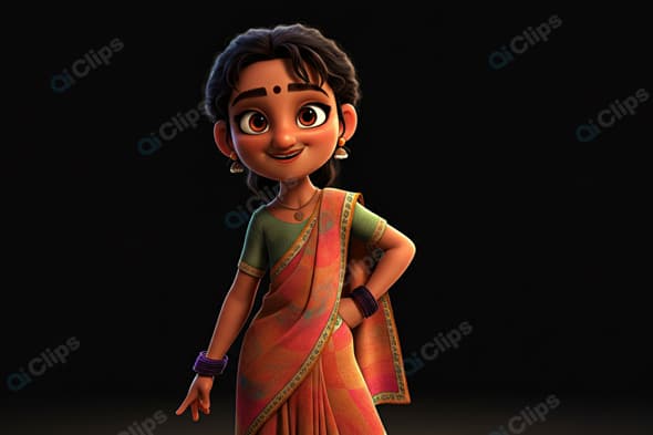 3D Animated Woman in Traditional Indian Attire on Black Background