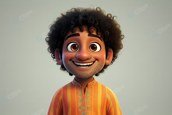 Smiling Animated Character with Curly Hair in Colorful Traditional Outfit