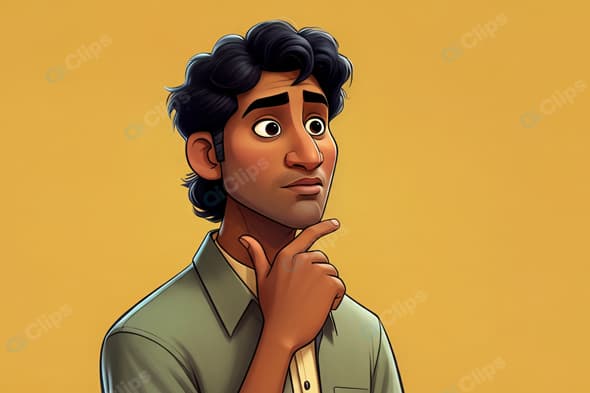 Animated Thoughtful Man with Curly Hair on Yellow Background