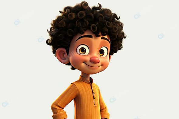 Animated Boy with Curly Hair in Traditional Orange Outfit