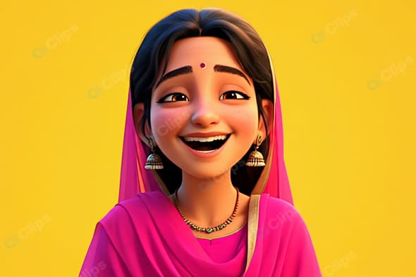Cheerful Animated Girl in Pink Traditional Dress Against Yellow Background