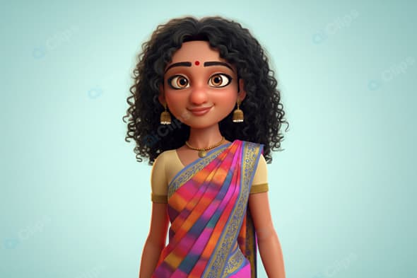 Animated Character in Colorful Sari with Curly Hair