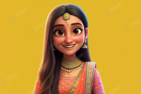 Traditional Animated Character with Jewelry on Yellow Background