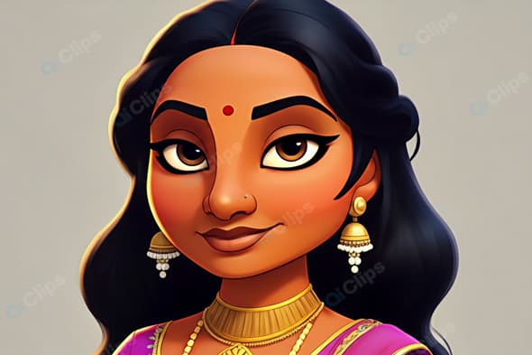 Traditional Cartoon Princess with Jewelry and Saree
