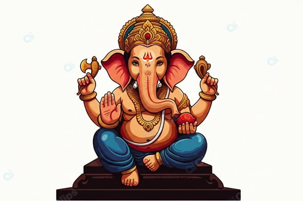 Ganesh Illustration with Traditional Symbols on Pedestal