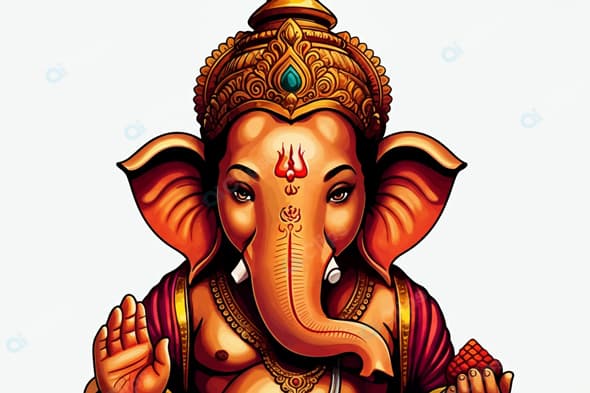 Ganesh Illustration with Traditional Crown and Symbols