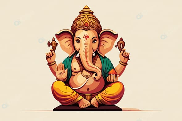 Ganesha Illustration with Traditional Attire and Symbols