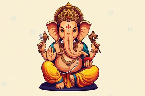 Ganesha Illustration in Traditional Attire with Symbols