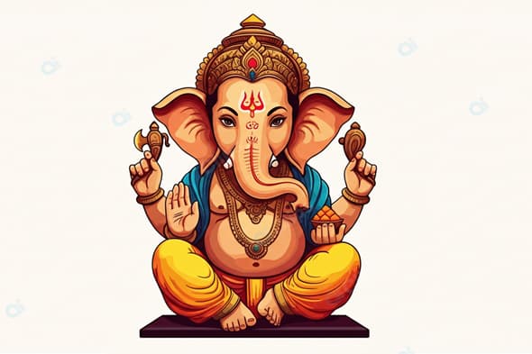 Vibrant Illustration of Lord Ganesha with Auspicious Symbols