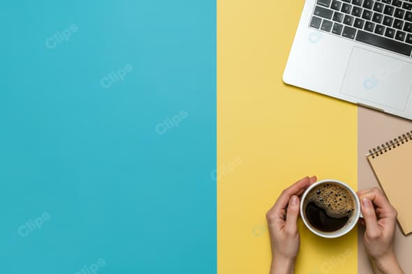 Work Desk with Coffee and Laptop on Colorful Background