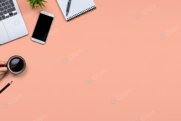 Laptop and Coffee on Office Desk Flat Lay