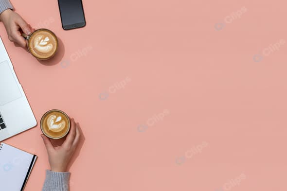 Laptop and Coffee Workspace on Pink Background