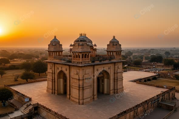 Sunset Over Historic Indian Palace with Scenic Landscape